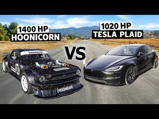 Tesla Model S Plaid vs Ken Block&#039;s 1400hp AWD Mustang \/\/ Hoonicorn vs The World 2